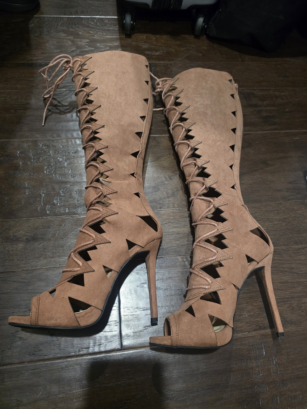 Shoe Dazzle Mauve Lace-Up Cutout Knee-High Stiletto Heels